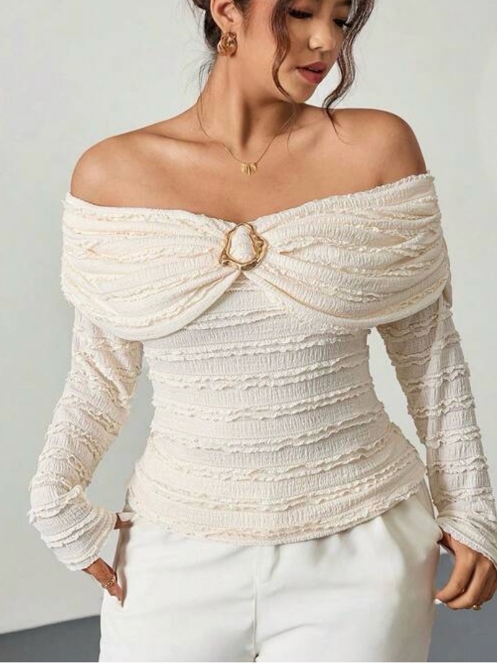 SHEIN Cream Off-Shoulder Top with Gold Ring Accent